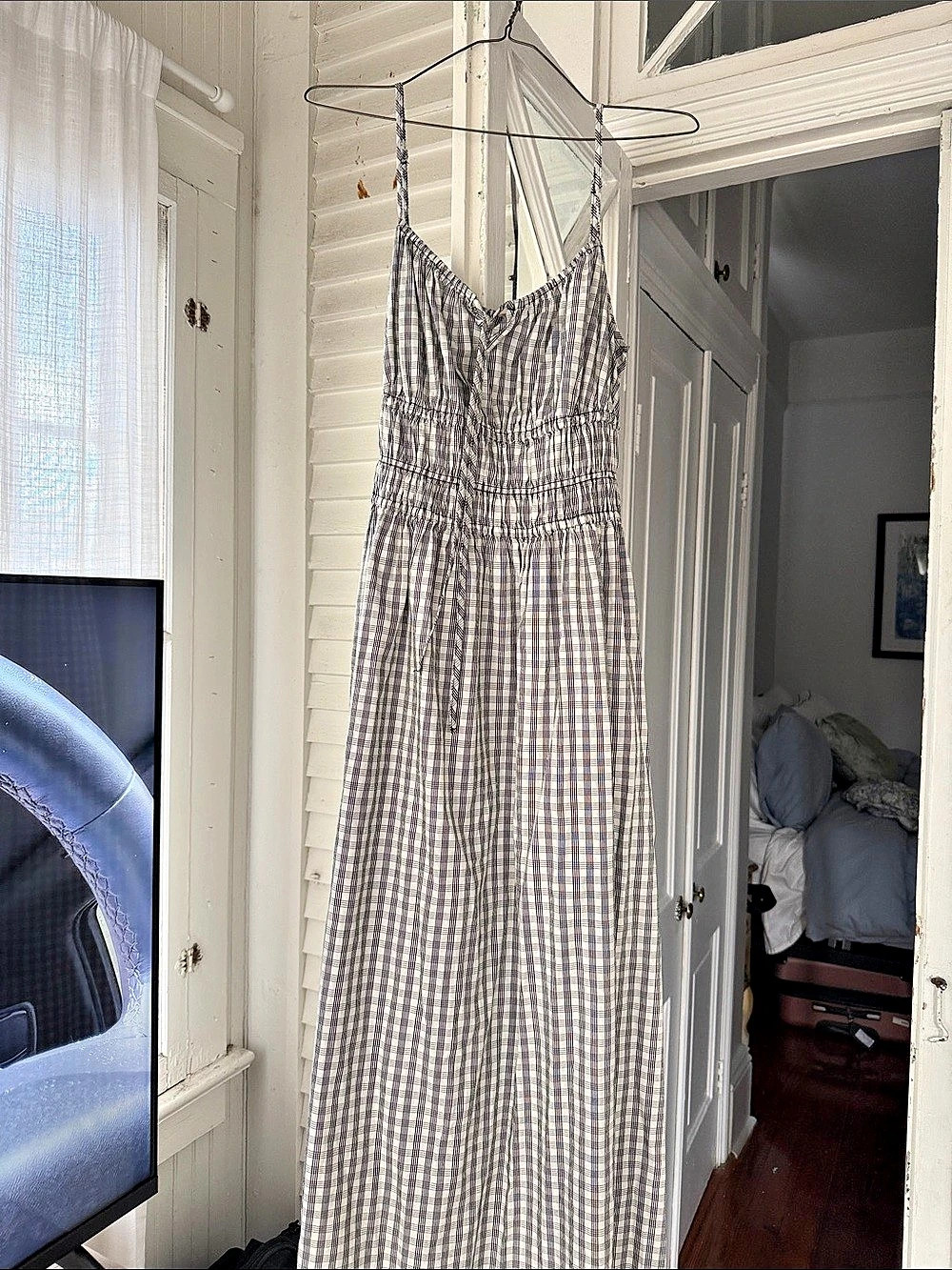 Universal Thread Plaid Maxi Dress in White & Blue Size Small